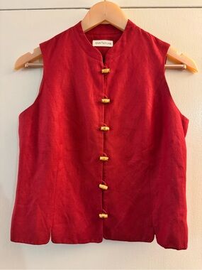 RARE Vintage Ann Taylor Sleeveless Linen Red Mandarin Collar Vest Size 2